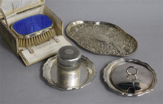 A cased George V silver and enamel brush, a pair of silver dishes, A Victorian silver pin dish, a silver canister etc